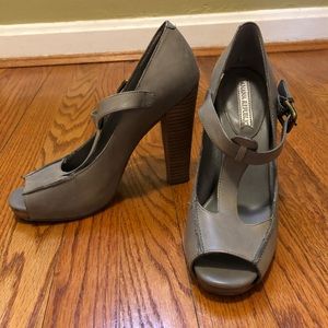 Grey open toe leather heels